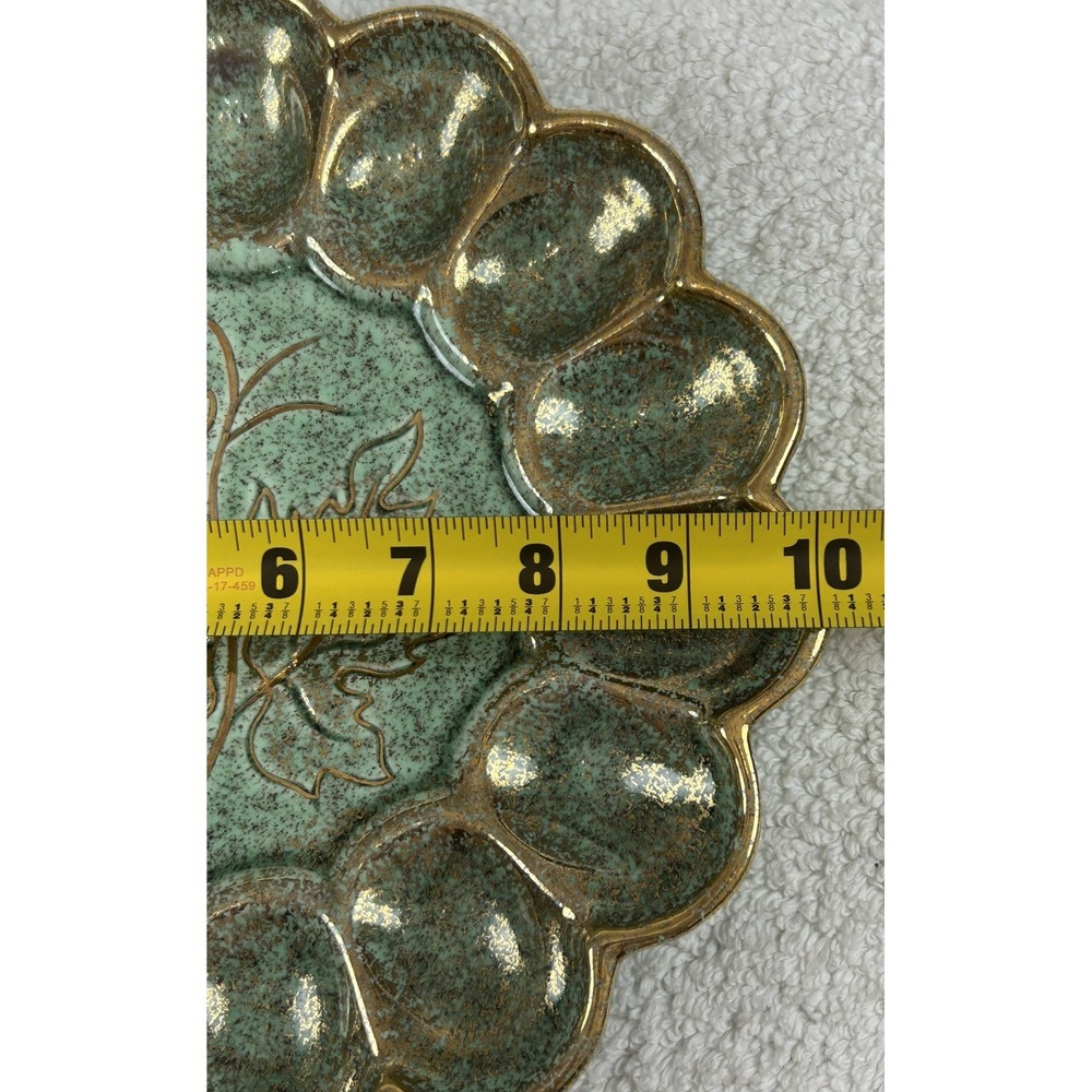 Vtg California Original Pottery 703 Egg Dish Green w/Gold Splatter Leaf **READ** - Picture 6 of 11